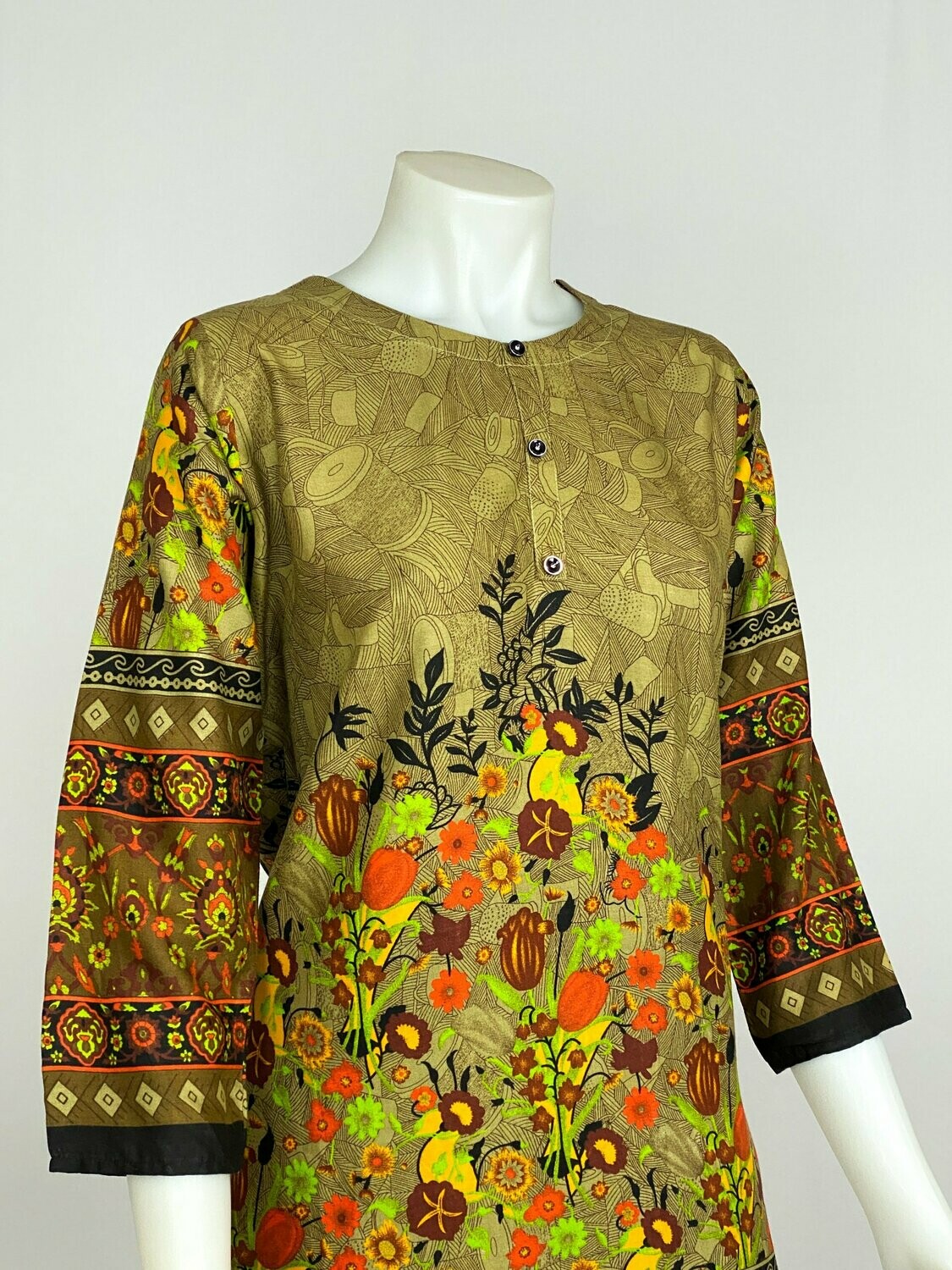 Beige Floral Premium Printed Lilen Top