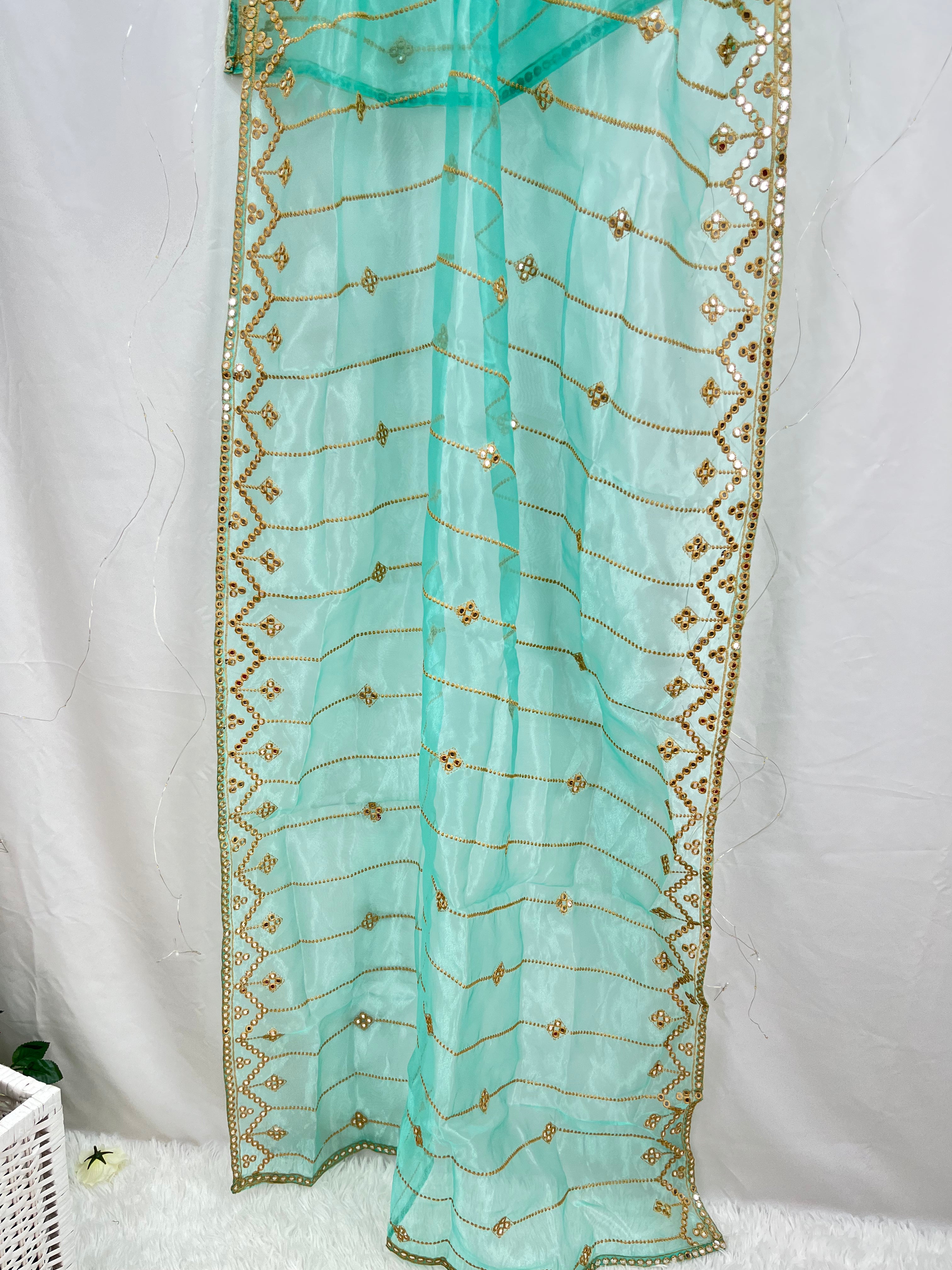 Turquoise Organza Dupatta with Mirror