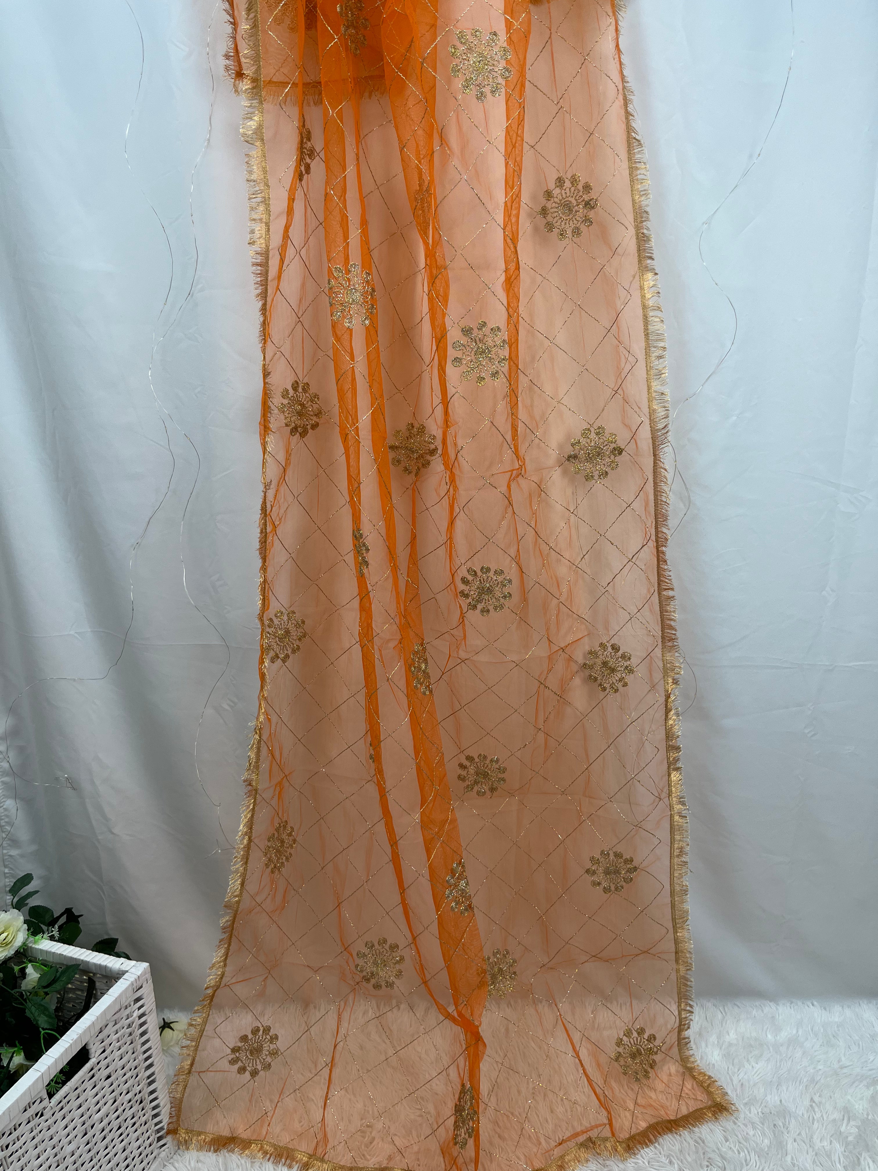 Net Orange Dupatta with Zari Work
