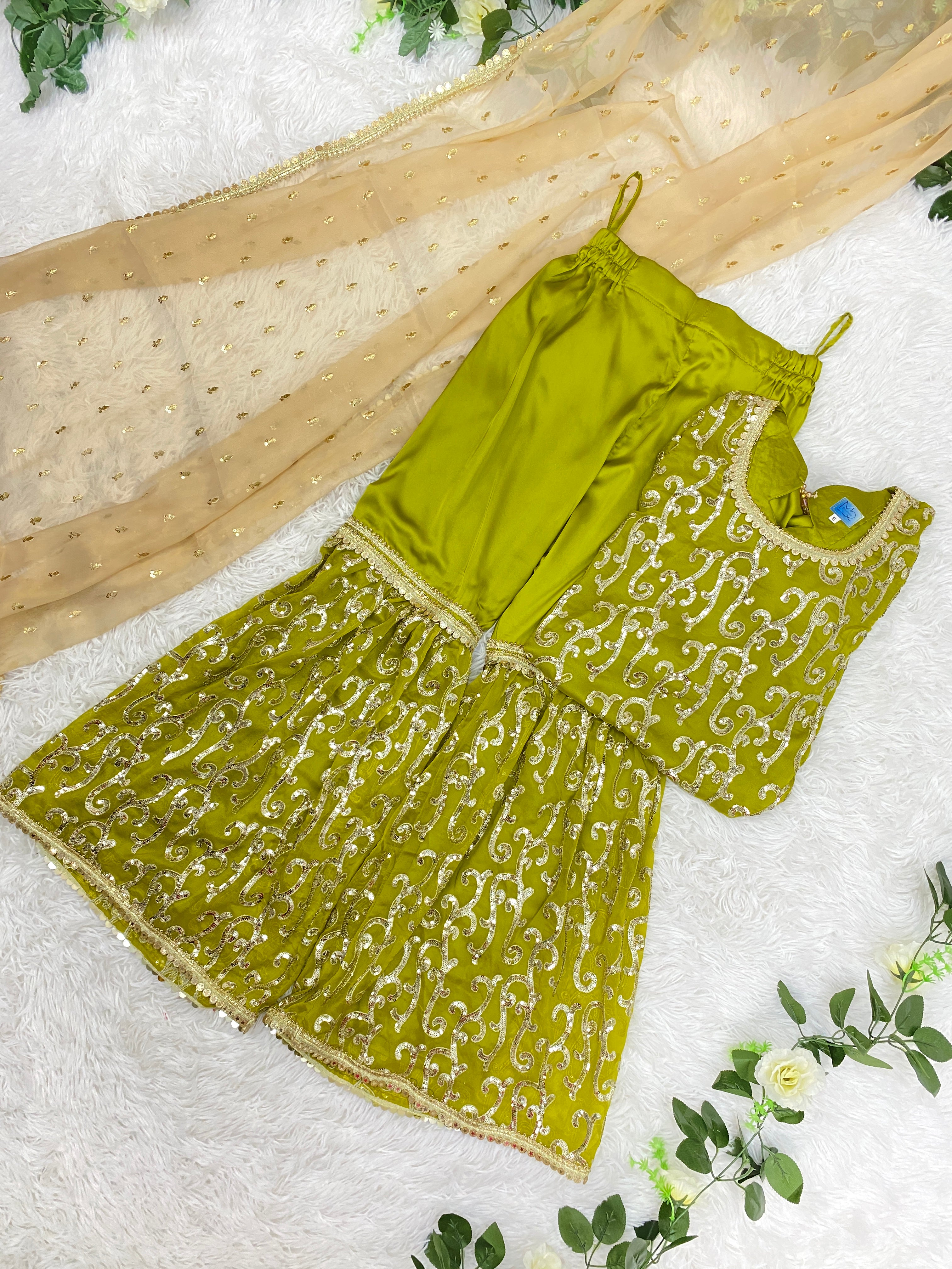 Luxury Pistachio Georgette/Silk Gharara Outfit 3PC