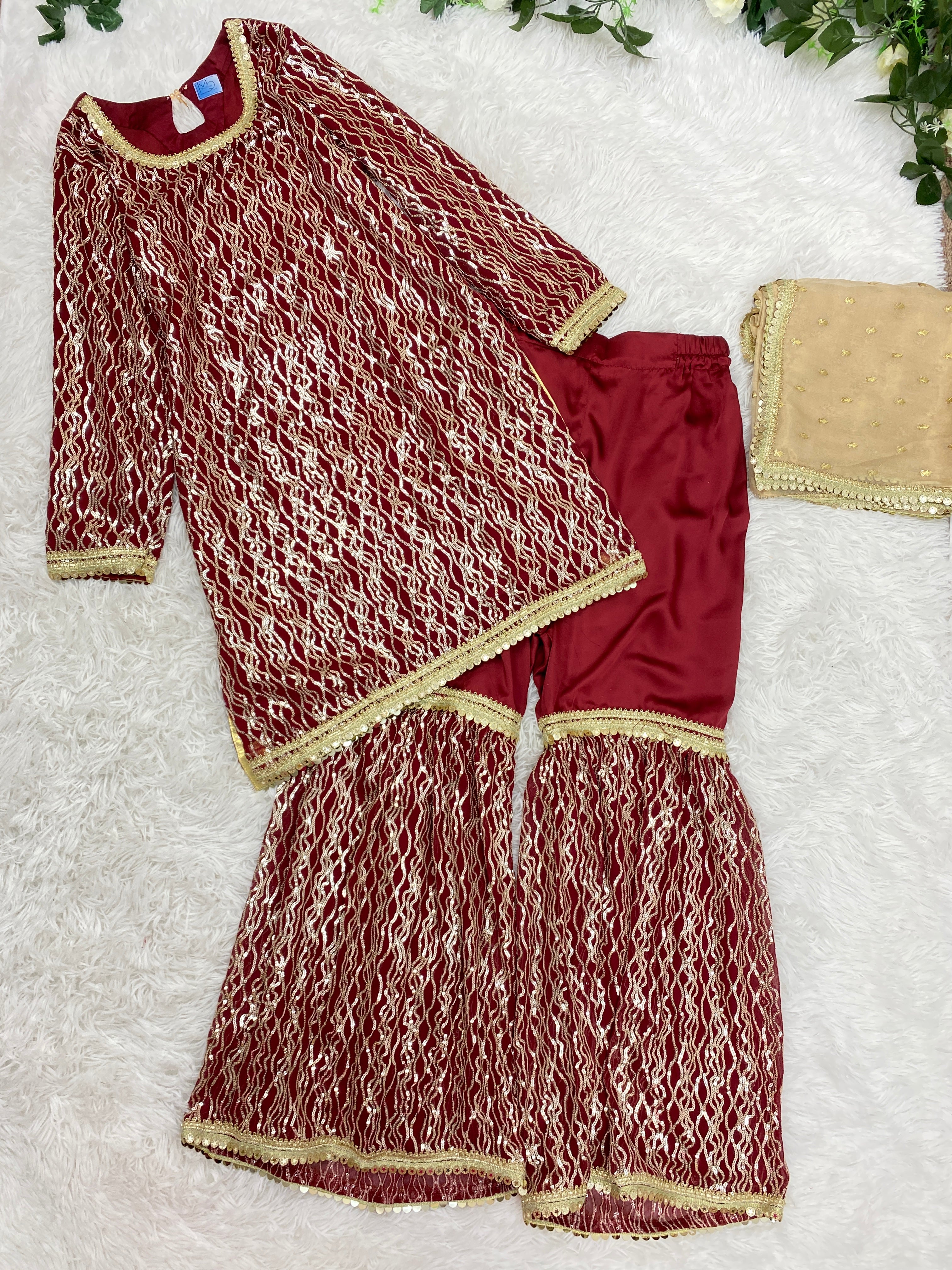 Luxury Maroon Georgette/Silk Gharara 3PC