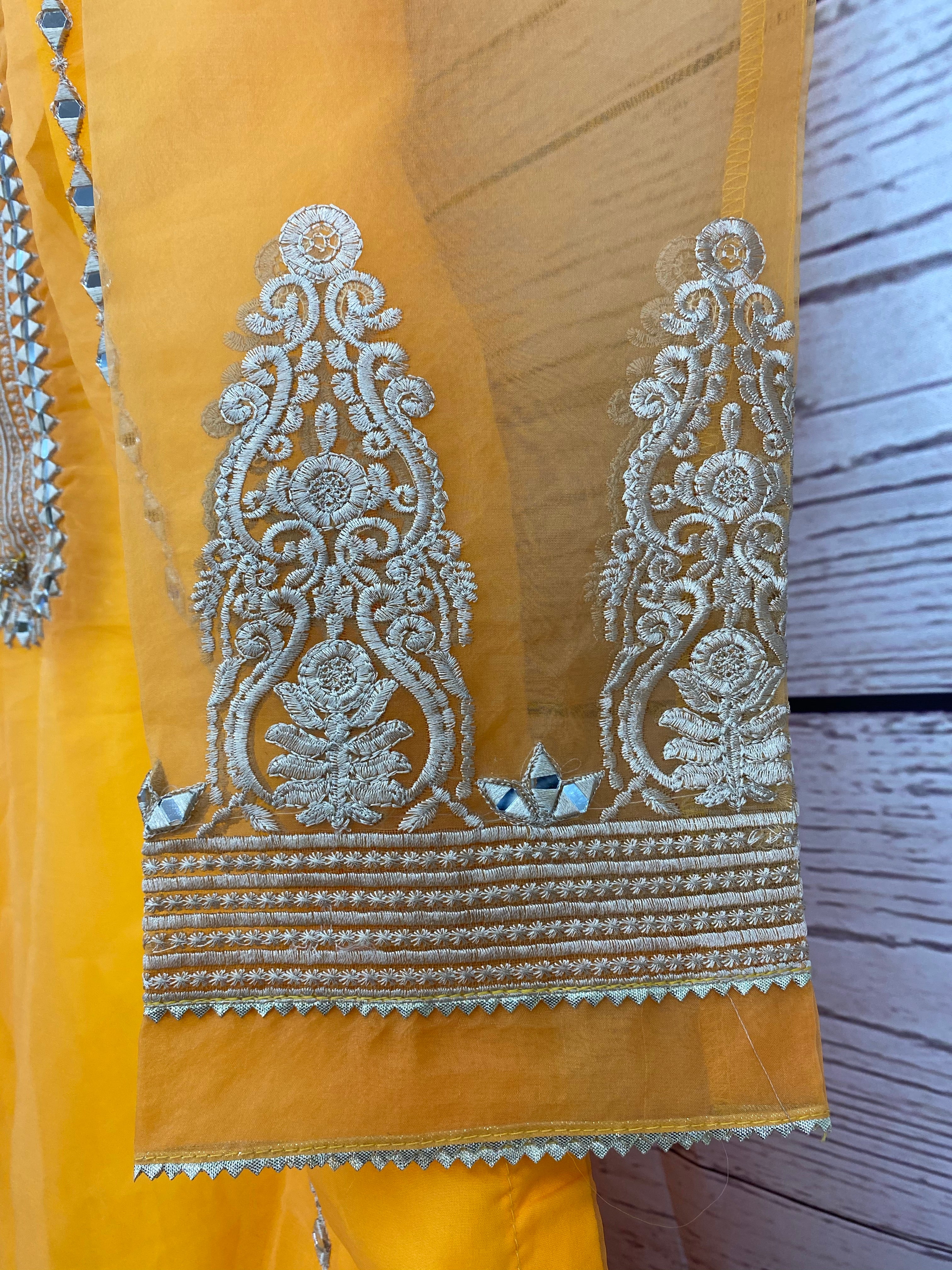 Orange Organza Real Mirror work Suit (3PC)