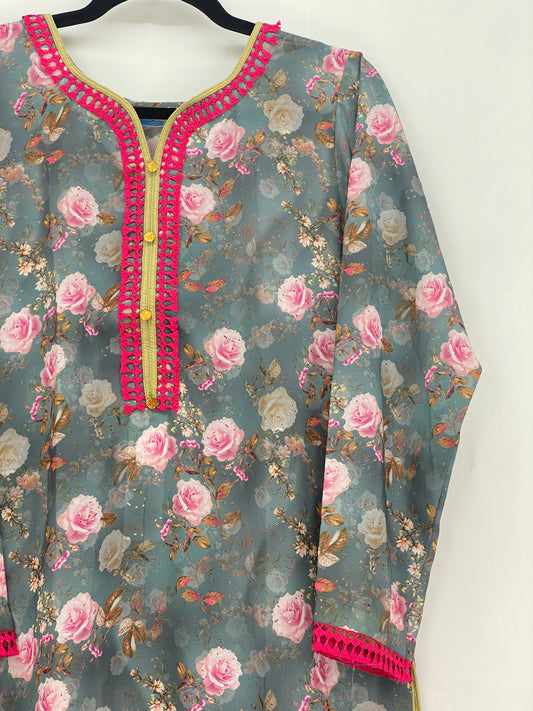 Blue Chanderi Silk Printed Top Medium *