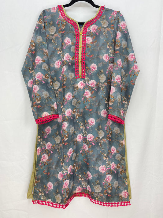 Blue Chanderi Silk Printed Top Medium *