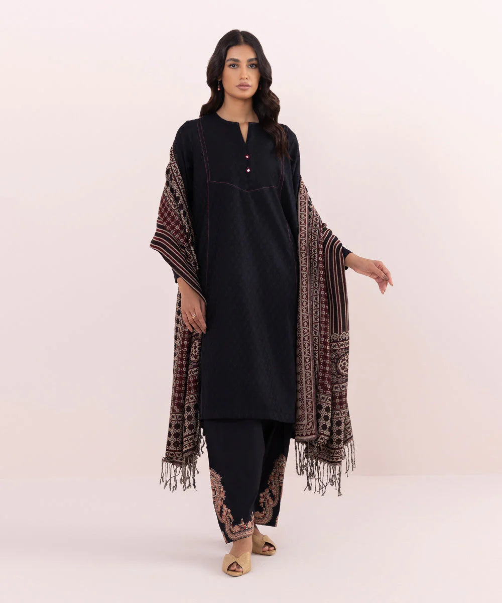 Sapphire Black Solid Jacquard 2 Piece A-Line Suit with Acrylic Shawl