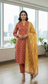 3-Pcs Women’s Lawn Printed Suit Summer Outfit with Lace Stitching