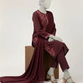 J. Maroon Dobby Embroidered 3-Piece Stitched Suit
