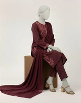J. Maroon Dobby Embroidered 3-Piece Stitched Suit