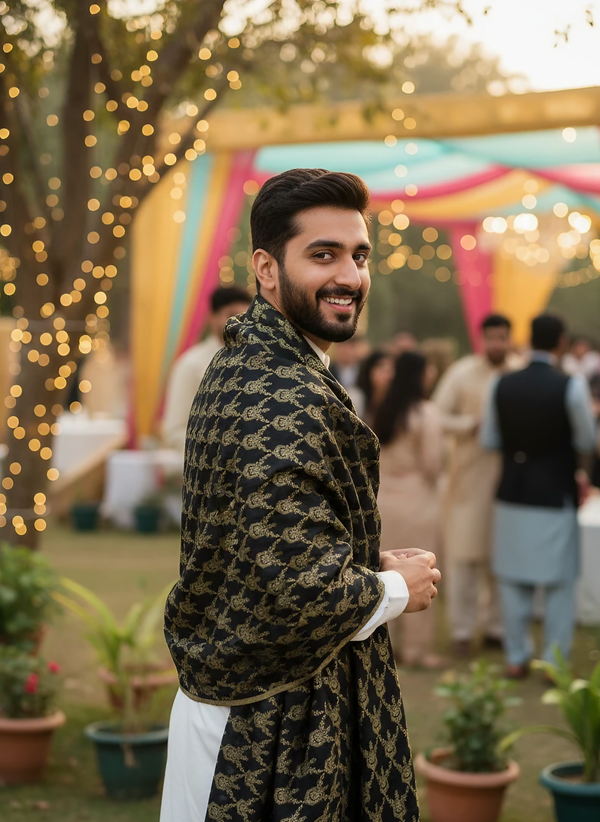 Original J. Men’s Wedding Black & Gold Jacquard Groom Shawl