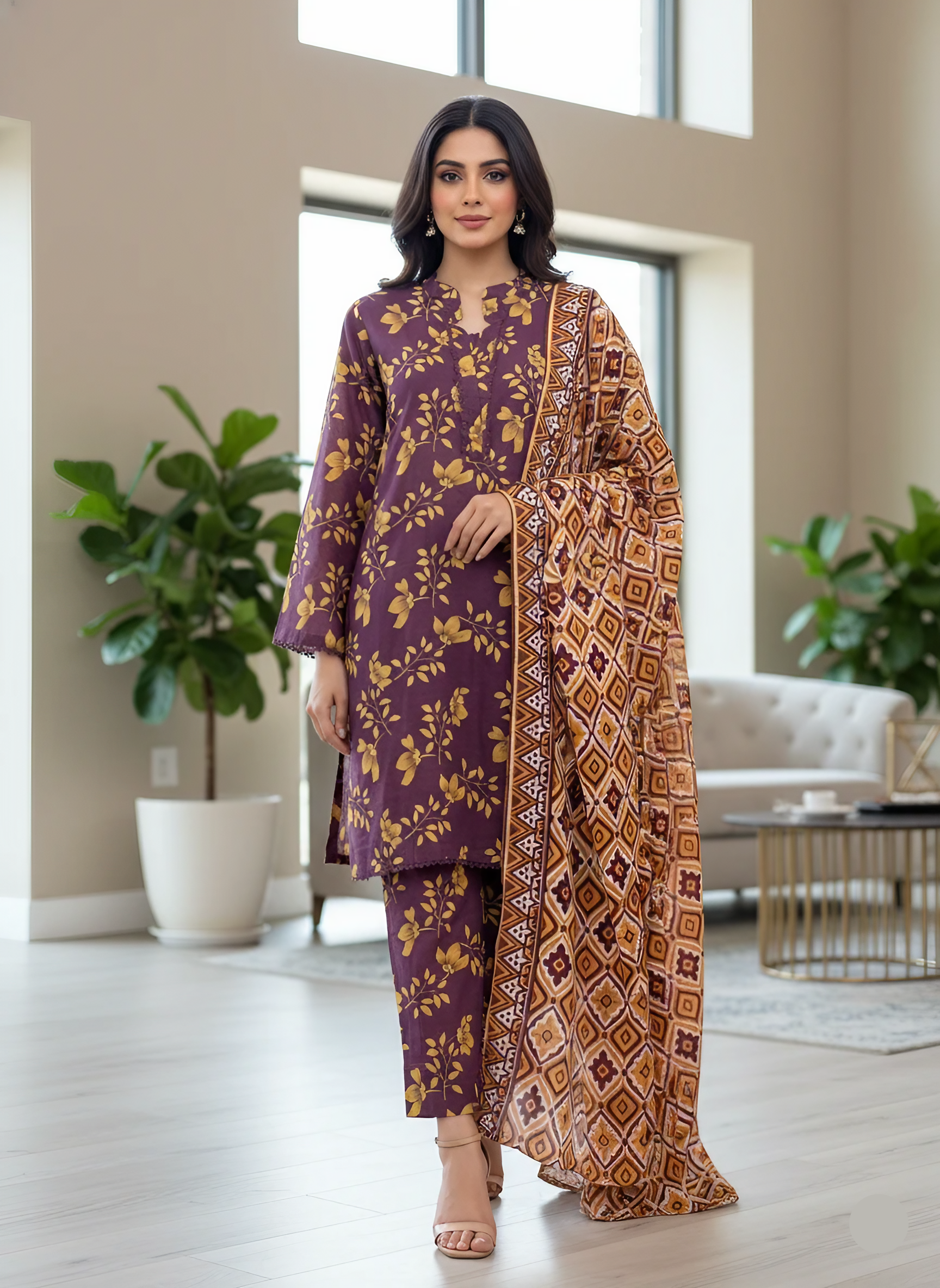 3-Pcs Lawn Printed Outfit with Lace