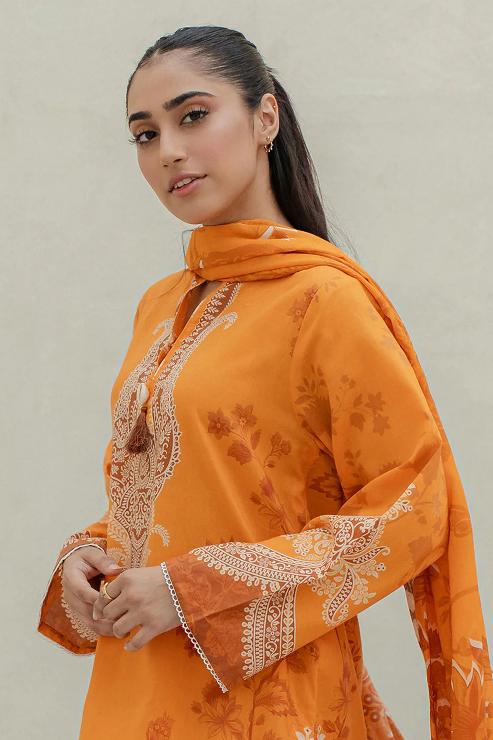 Zellbury Orange Lawn 3PC Suit – Printed Kurta, Trouser & Dupatta