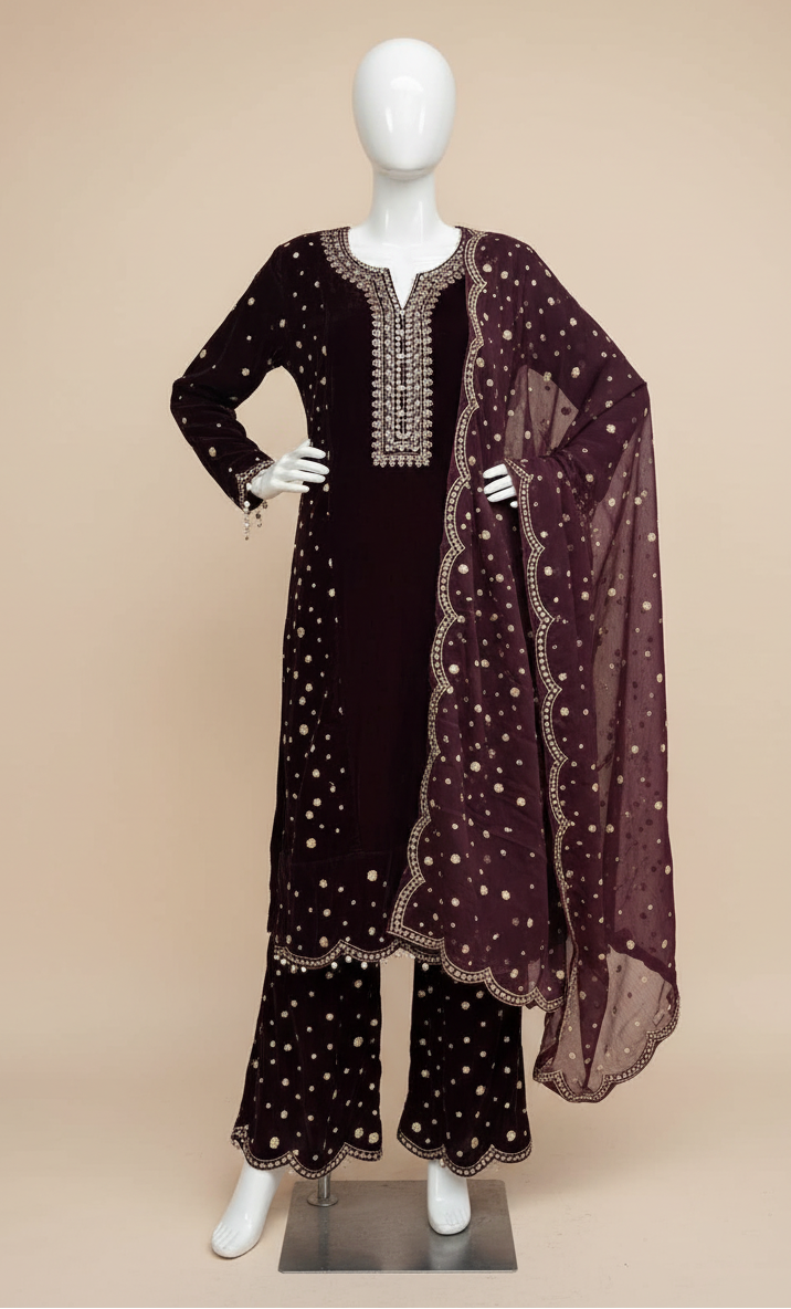 Elegant 3-Piece Velvet Embroidered Ensemble for Women