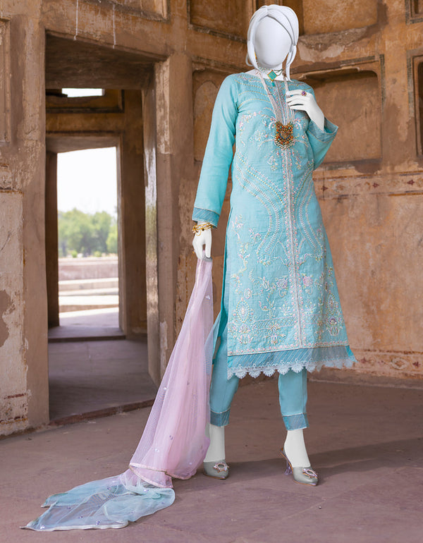 Junaid Jamshed Original Ice Blue Cotton 3 Piece Outfit