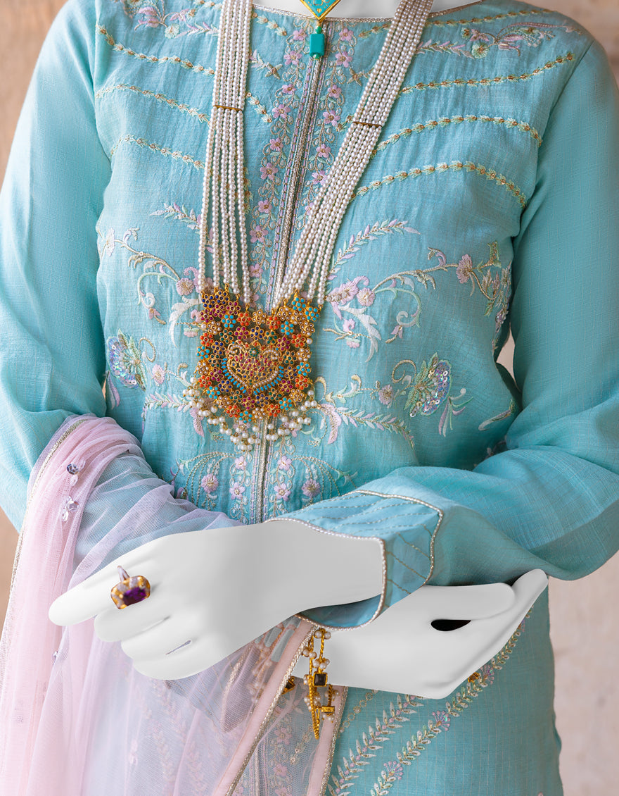 Junaid Jamshed Original Ice Blue Cotton 3 Piece Outfit