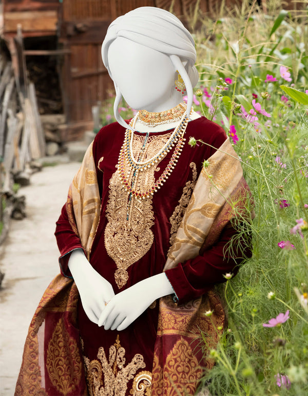 J. Original MAROON VELVET 3PC STITCHED – EMBROIDERED