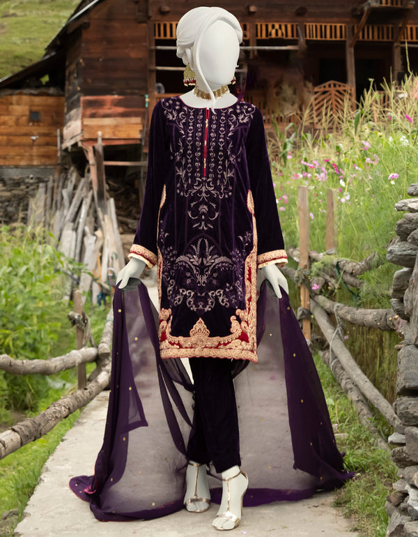 J. PURPLE VELVET 3PC STITCHED*
