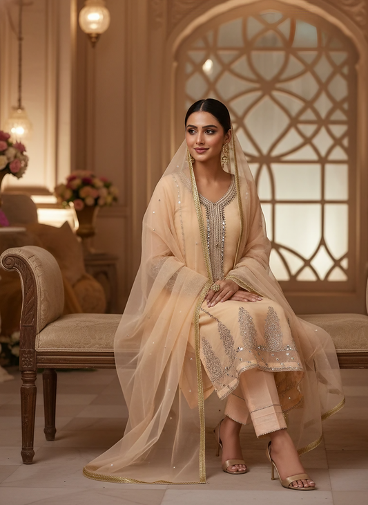 Peach Organza Thread Mirror work Suit (3PC) *