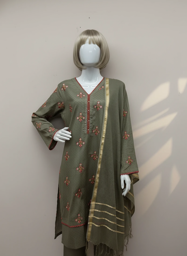 J. Cotton Embroidered 3 Piece Suit