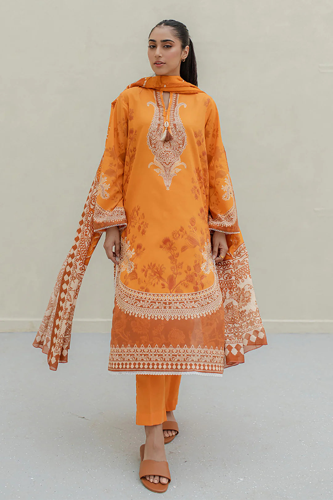 Zellbury Orange Lawn 3PC Suit – Printed Kurta, Trouser & Dupatta