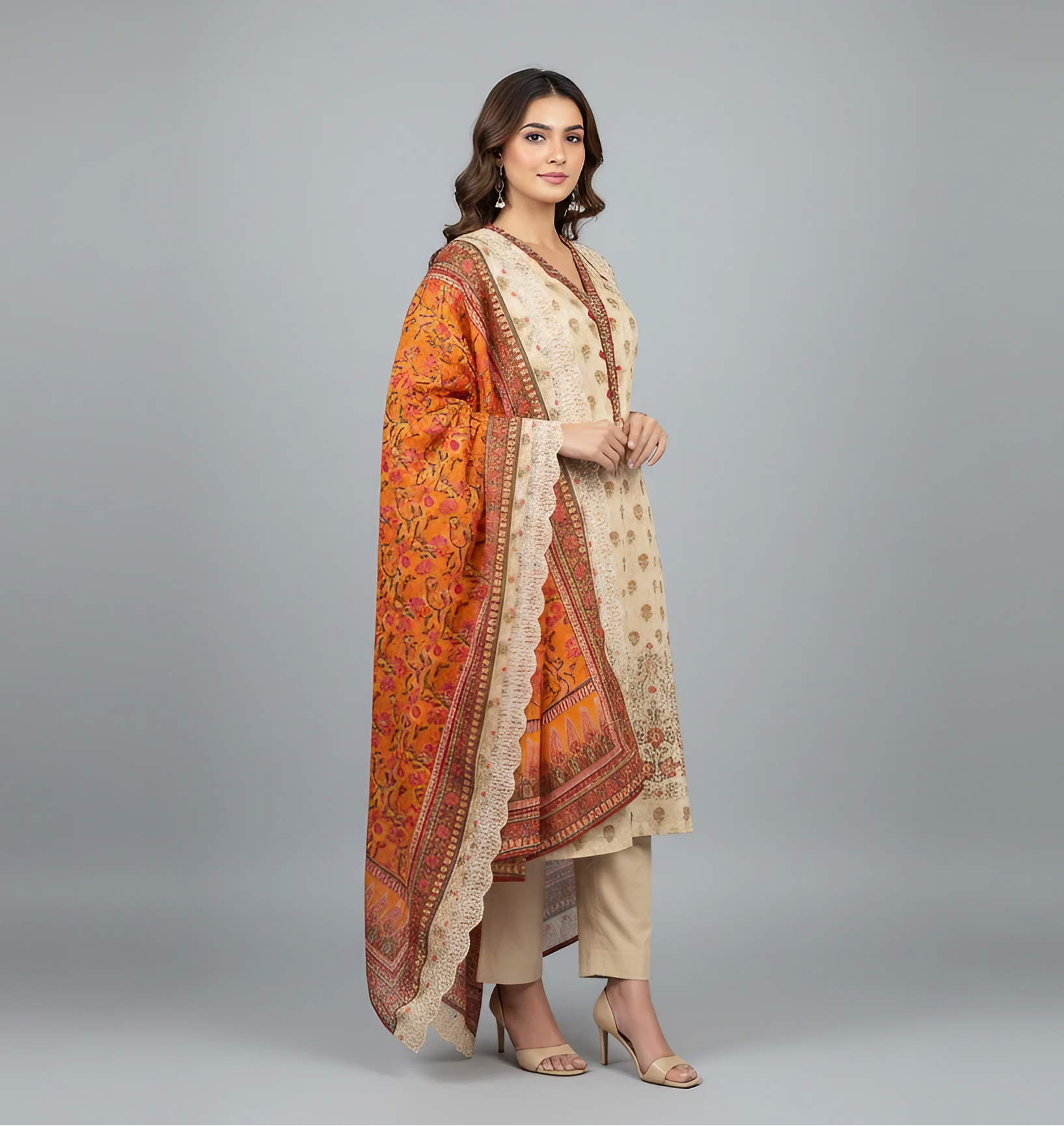 3 Pcs Lawn Embroidered Suit for Women – Printed Shirt with Plain Shalwar & Embroidered Dupatta