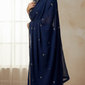 Navy Blue Chiffon Dupatta with Peach & Golden Embroidery