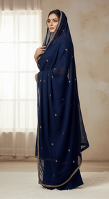 Navy Blue Chiffon Dupatta with Peach & Golden Embroidery