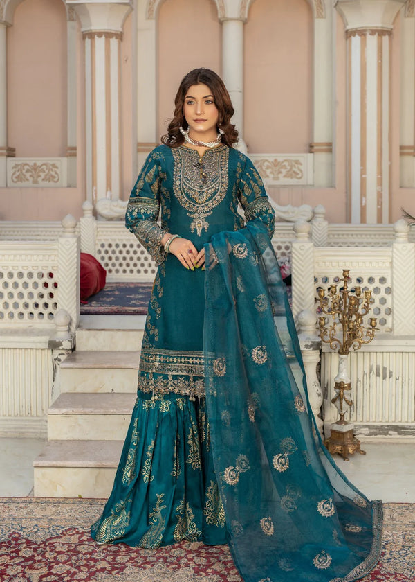 Teal Chiffon Kurta Set with Block-Printed Flared Gharara & Embroidered Dupatta – 3 Piece