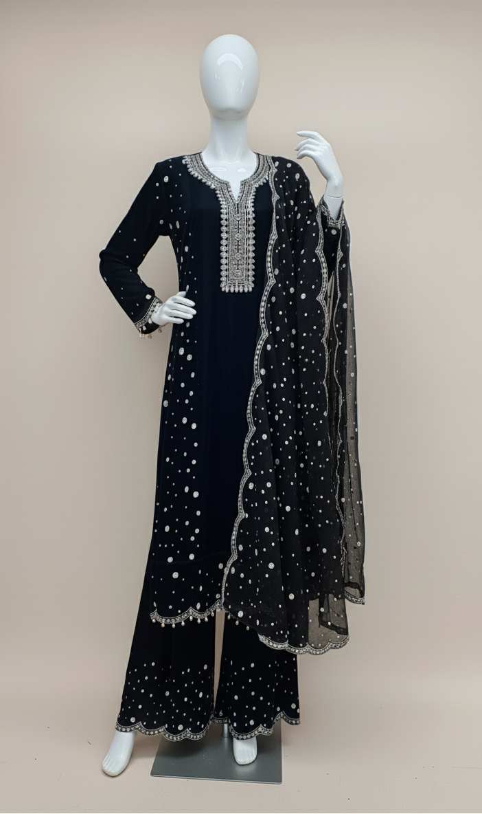Elegant Black 3-Piece Velvet Embroidered Ensemble for Women – Luxury Formal Wear with Chiffon Dupatta