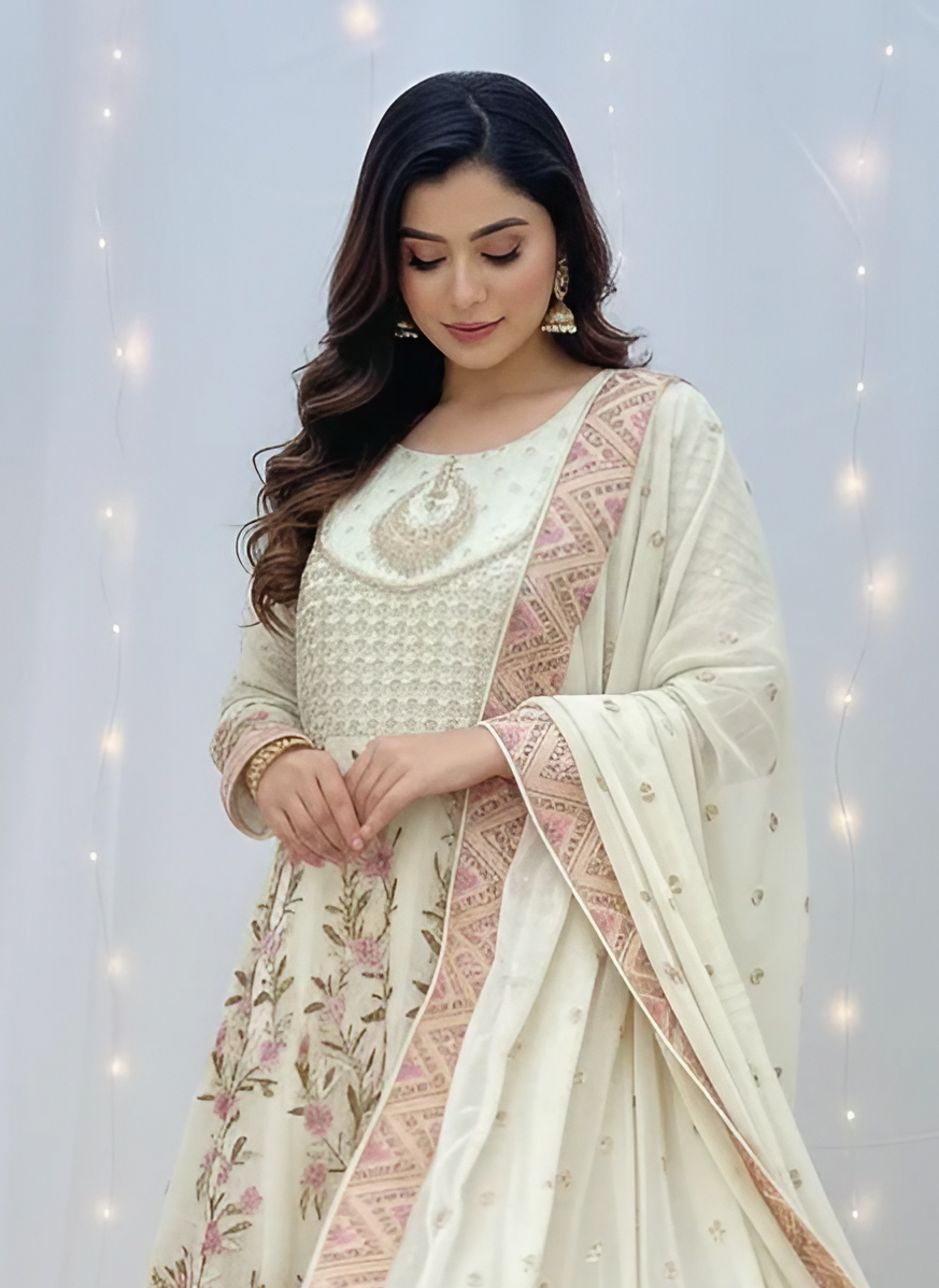 3-Piece Chiffon Fully Embroidered Maxi Suit with Dupatta & Trouser