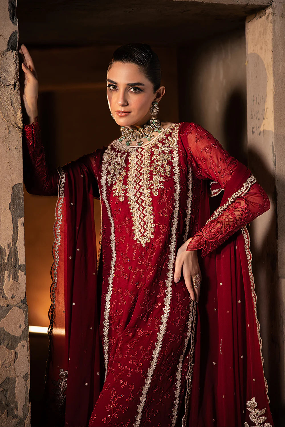 3 Pcs Red Chiffon Embroidered Suit with Fully Lined Shirt & Dupatta