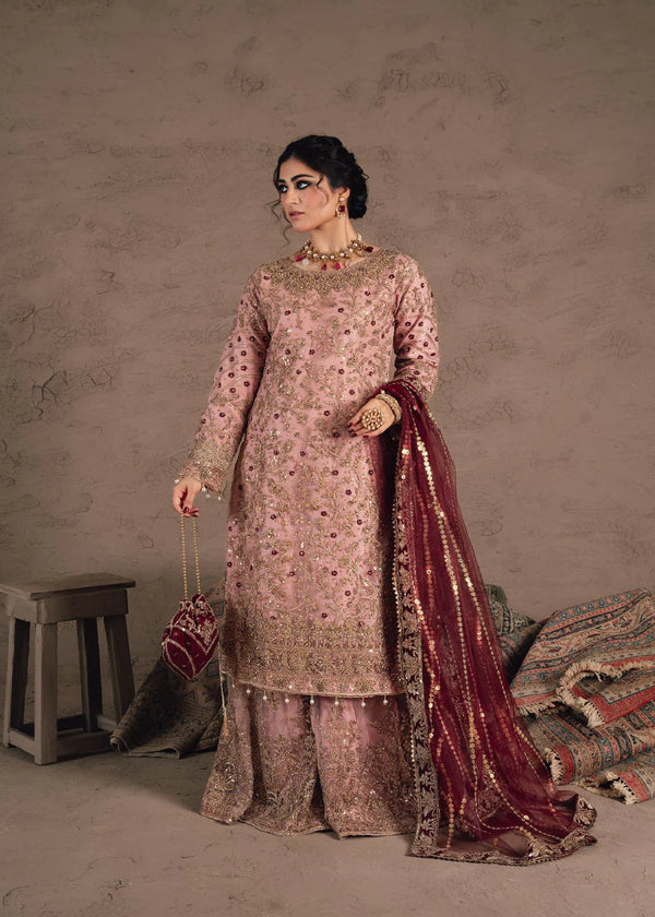 Laam Pastel Pink Organza Embroidered 3-Piece Sahara Set with Net Dupatta