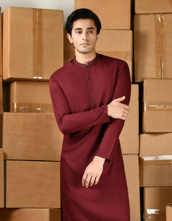 Men’s Blended Red Shalwar Kameez – J. Junaid Jamshed