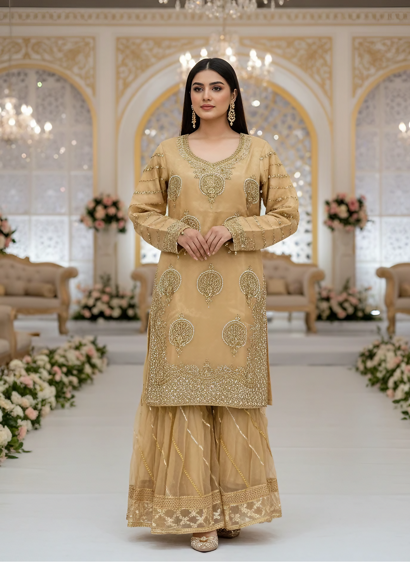 Organza Full Flair Gharara 3PC Beige