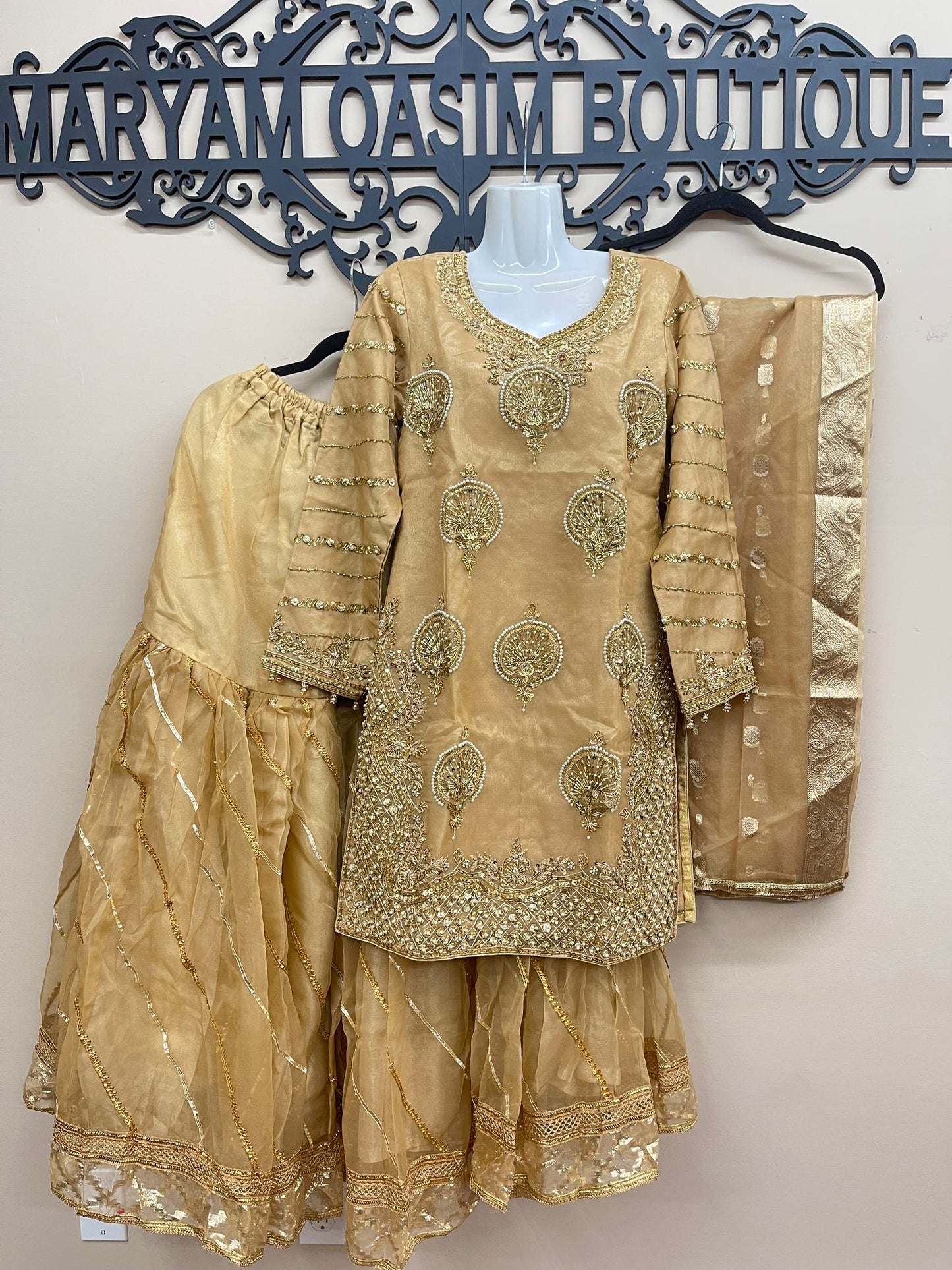 Organza Full Flair Gharara 3PC Beige