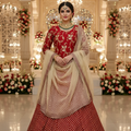 3Pcs Beautiful Embroidered Lengha in Ruby Red
