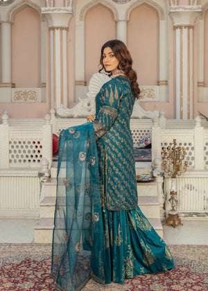 Teal Chiffon Kurta Set with Block-Printed Flared Gharara & Embroidered Dupatta – 3 Piece