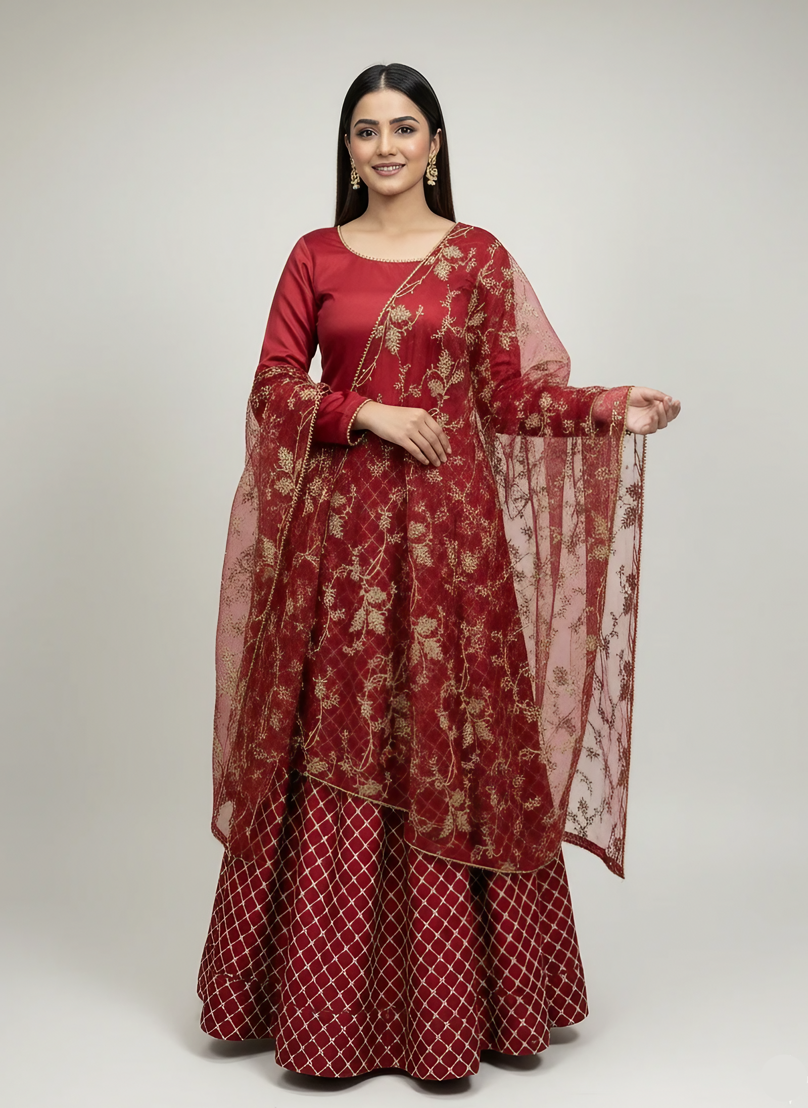 3Pcs Beautiful Embroidered Lengha in Ruby Red