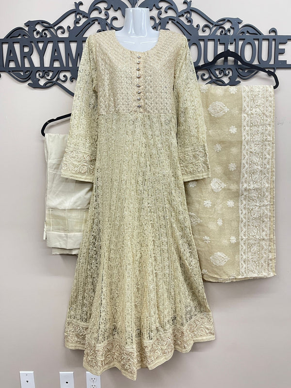 Fully Embroidered 3PC Maxi Outfit off-white