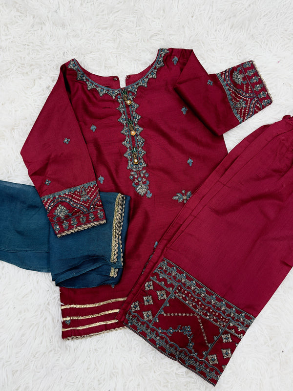 Maroon Embroidered 3-Piece Girls Suit