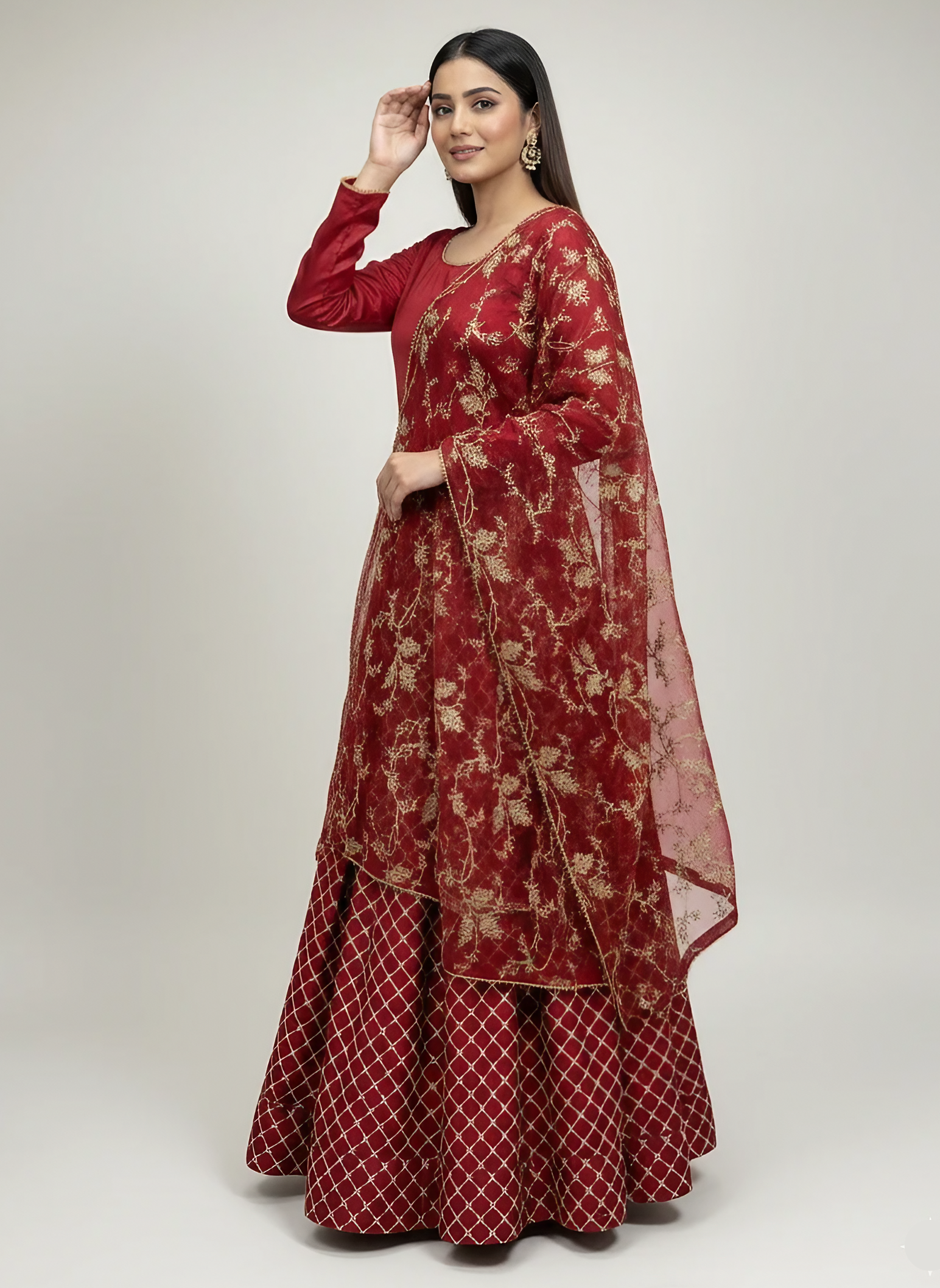 3Pcs Beautiful Embroidered Lengha in Ruby Red