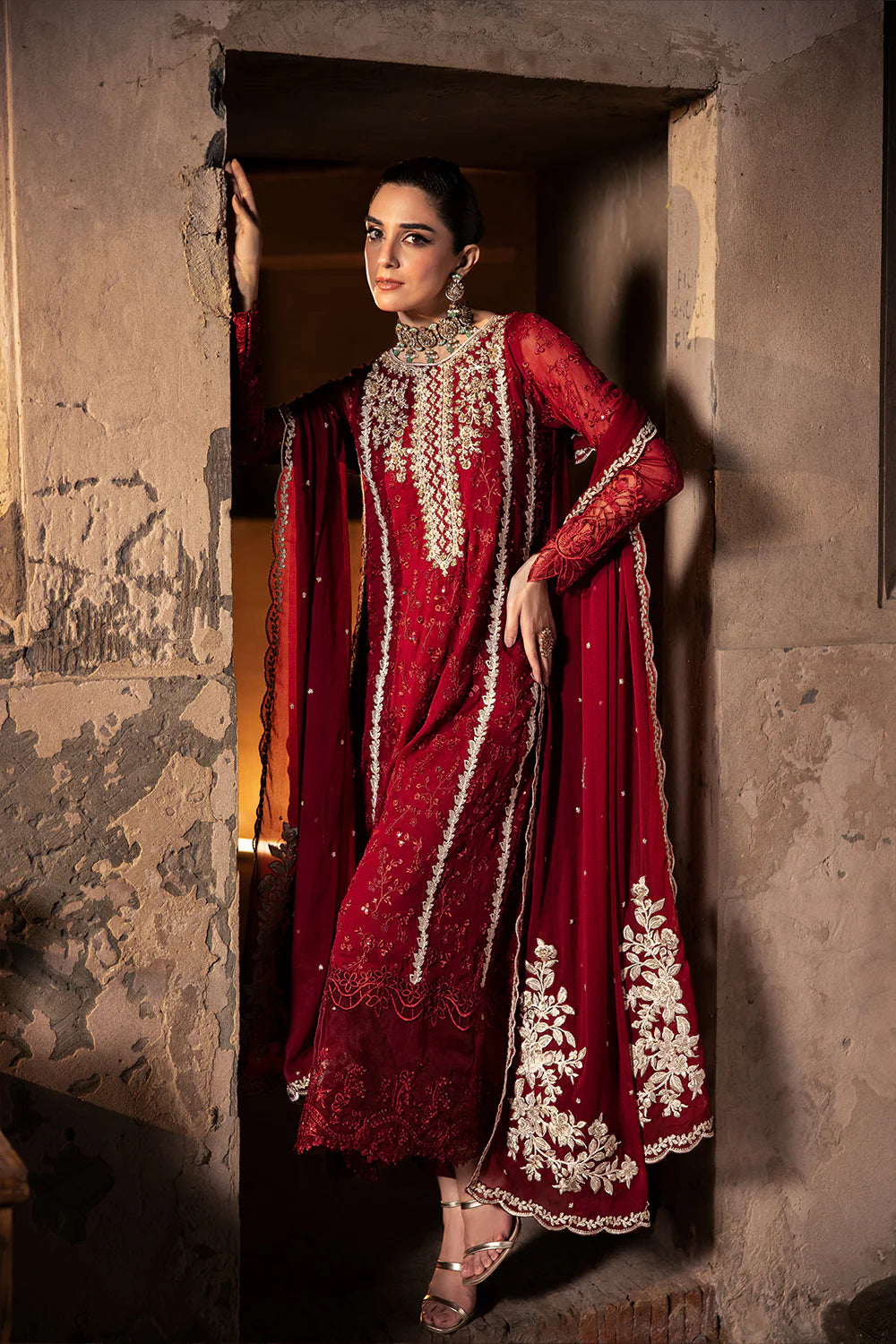 3 Pcs Red Chiffon Embroidered Suit with Fully Lined Shirt & Dupatta