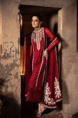 3 Pcs Red Chiffon Embroidered Suit with Fully Lined Shirt & Dupatta