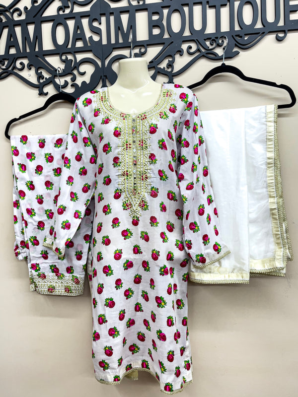 Beautiful 3-Piece Cotton Printed Embroidery Dress