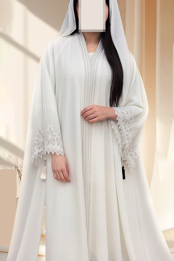 Elegant White Abaya with Moti Work