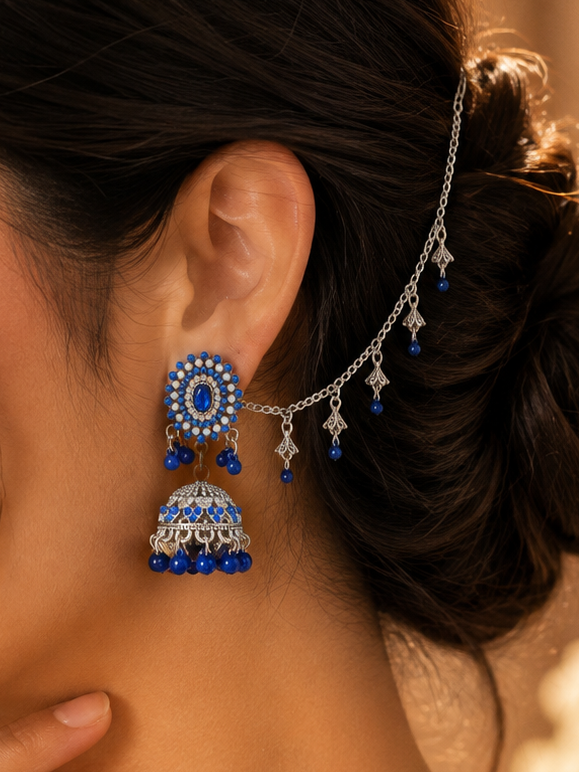 Oxidized silver jhumka earrings featuring sapphire blue stones and matching sahara chain in Canada.