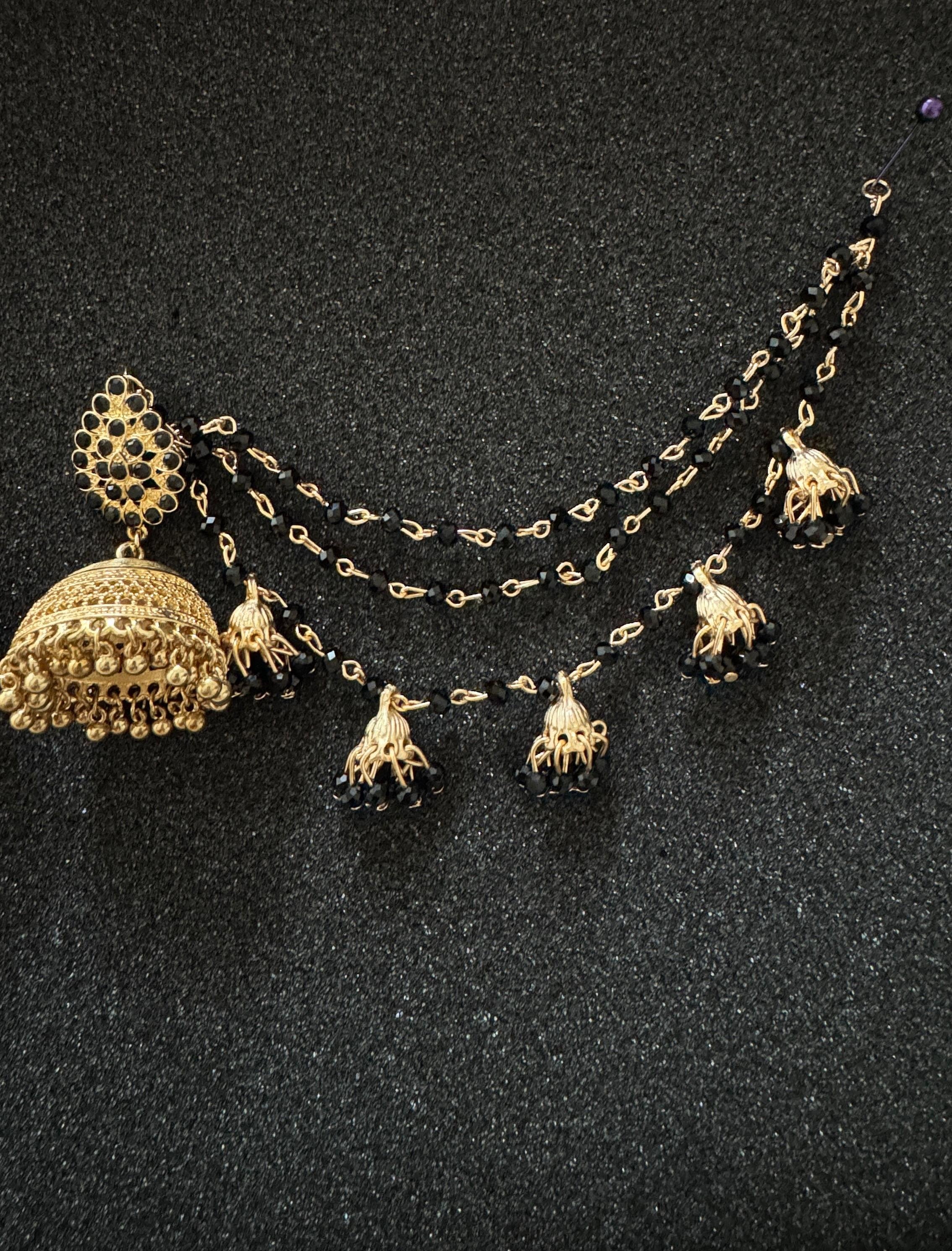 Antique gold black beaded jhumka earrings with matching sahara chain for traditional Pakistani and Indian bridal wear