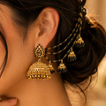 Antique gold black beaded jhumka earrings with matching sahara chain for traditional Pakistani and Indian bridal wear