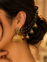 Antique gold black beaded jhumka earrings with matching sahara chain for traditional Pakistani and Indian bridal wear