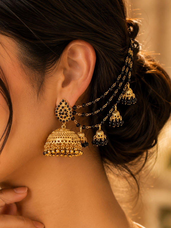 Antique gold black beaded jhumka earrings with matching sahara chain for traditional Pakistani and Indian bridal wear