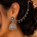 Antique oxidized silver jhumka earrings with decorative sahara chain for traditional Pakistani and Indian outfits.
